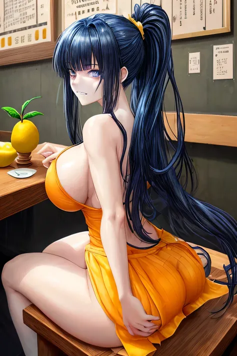 High resolution, high quality, 1 girl, anime girl, dark blue hair,ponytail,long hair,dull bangs, dark blue eyes,closed one eye,clenched teeth,[[pale skin]],Glossy skin, big breasts,beautiful breasts,(big ass),beautiful butt,pink high leg water wear,sitting...