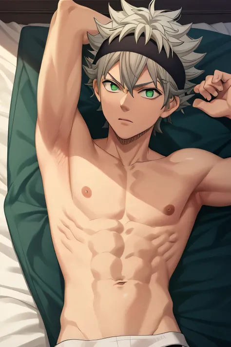 masterpiece, best quality, high quality, 1boy, solo, male focus, looking at viewer, showing his muscle, showing knees, on bed, shirtless, shirt off, asta, green eyes, headband, grey hair, spiked hair, medium body, armpit, show his armpit, realistic, lying ...