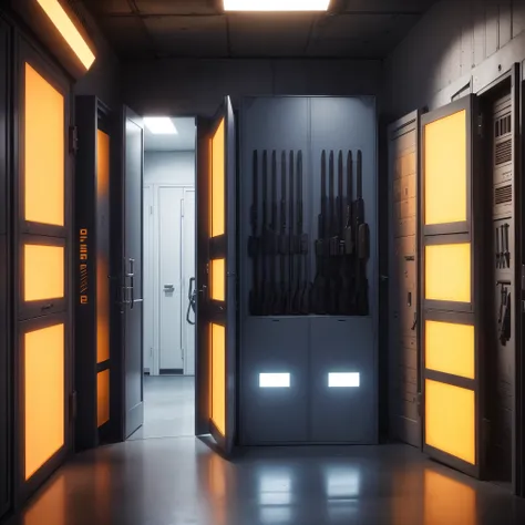 the call of duty armory is a dark room with white lights and not windows, there are weapon cases and military crates in blue orange or yellow colors