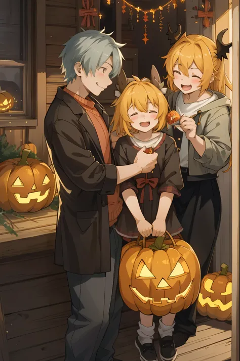 Create a detailed, high-quality fan art cover for a doujinshi based on a slice-of-life anime series, featuring a close-knit family enjoying Halloween together. The scene should depict a festive and joyous atmosphere, with the family members laughing and su...