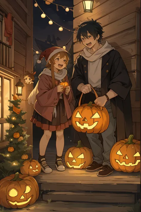 Create a detailed, high-quality fan art cover for a doujinshi based on a slice-of-life anime series, featuring a close-knit family enjoying Halloween together. The scene should depict a festive and joyous atmosphere, with the family members laughing and su...