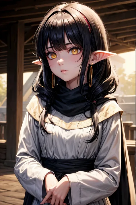 black hair, messy hair, side swept bangs, hair scarf, yellow eyes, ringed eyes, colored eyelashes, pointy ears, long pointy ears, earrings, wide shot, lens flare, anime style, chiaroscuro, depth of field, god rays, UHD, high details, best quality, highres,...