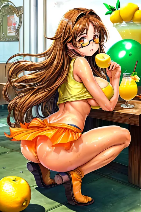 High resolution, high quality, 1 girl, anime girl, brown long hair, brown eyes,heart-shaped pupil, Green glasses, tanned skin, big breasts,beautiful breasts, (big ass),beautiful butt,white ,squat,(drink a lot of juice),(inflate one&#39;s stomach),(lemonade...