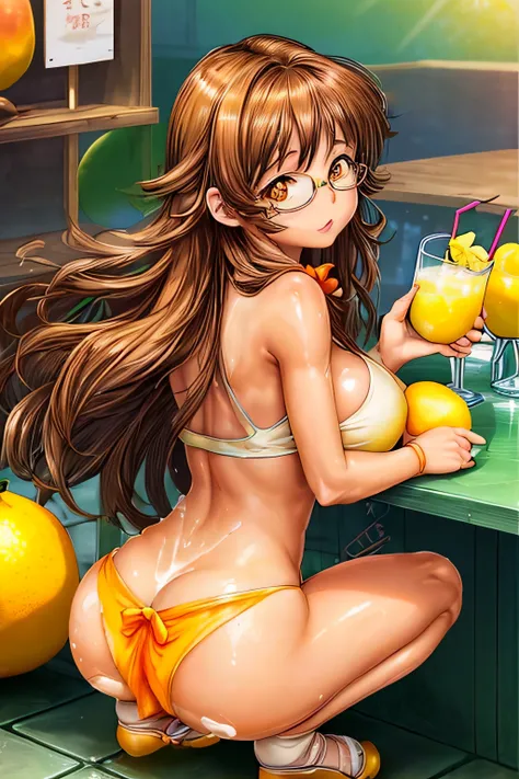 High resolution, high quality, 1 girl, anime girl, brown long hair, brown eyes,heart-shaped pupil, Green glasses, tanned skin, big breasts,beautiful breasts, (big ass),beautiful butt,white ,squat,(drink a lot of juice),(inflate one&#39;s stomach),(lemonade...