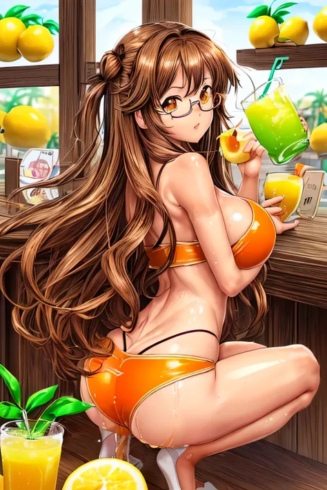 High resolution, high quality, 1 girl, anime girl, brown long hair, brown eyes,heart-shaped pupil, Green glasses, tanned skin, big breasts,beautiful breasts, (big ass),beautiful butt,white ,squat,(drink a lot of juice),(inflate one&#39;s stomach),(lemonade...