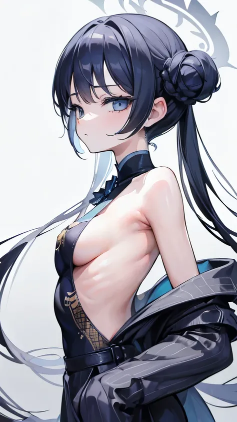 short girl, masterpiece, highres, solo, 8k, detailed, perfect face, (ultra high quality), looking viewers, small breast, sideboobs, cleavage, armpit, black hair, long hair, twintail hair, gray blue eyes, backless outfit, cheonsam, emotionless, flat face, t...