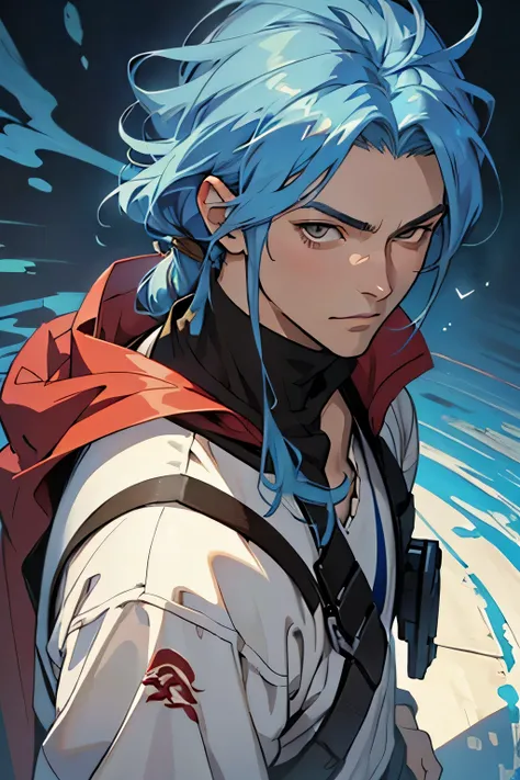 (Best quality)), ((masterpiece)), image of a man with blue hair, Brown eyes, Blue shoulder-length hair, anime style realism, anime style character