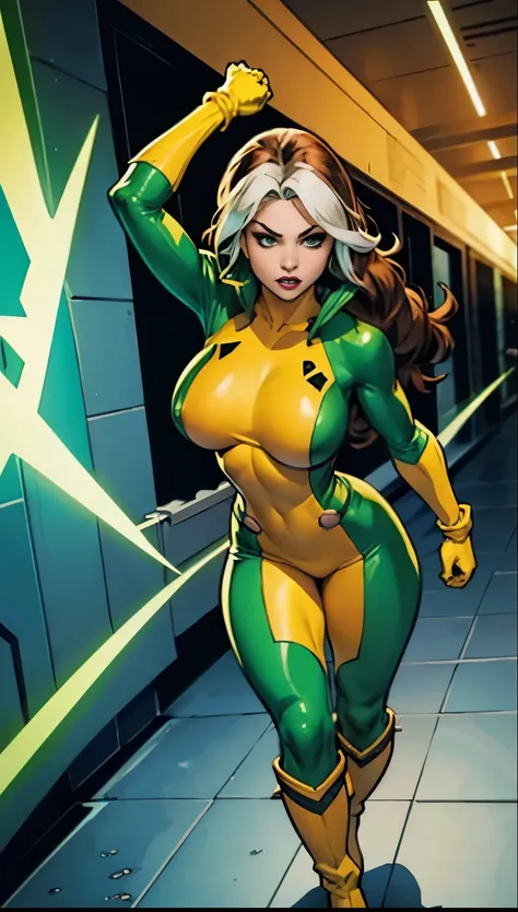 Rogue from X-Men, Very big tits totally naked hard nipples wearing Green and yellow látex suit, yellow Gloves, yellow boots