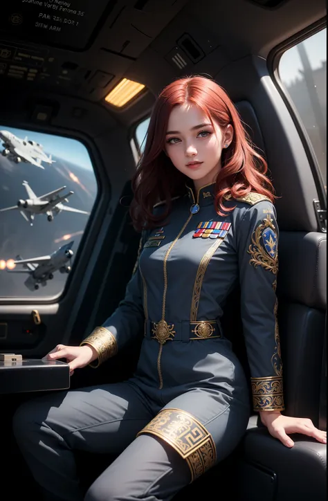 ((photorealism, high quality, detail)), (more than half of the body), ((it costs half a turn:1.10)) science fiction, Futuristic setting, Military, (girl-pilot of the space fleet), (girl-pilot of a spaceship), ((slender girl 25 years old, thin figure:1.5, s...