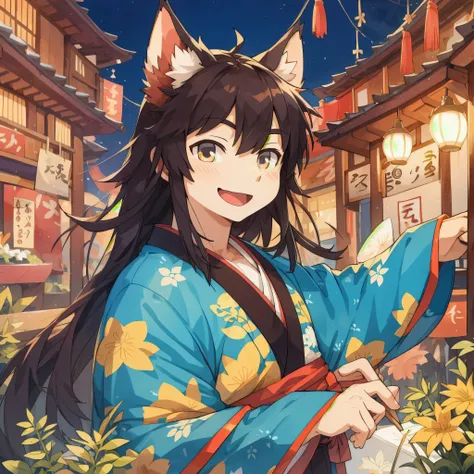 (epic, dynamic angle)top quality, best quality, High-quality illustrations, masterpiece,  japanese festival, Stalls, night, festival music, happi coat, yukata(kemono, super handsome 1boy, solo focus)(furry anthro)(highly detailed beautiful face and eyes)ab...