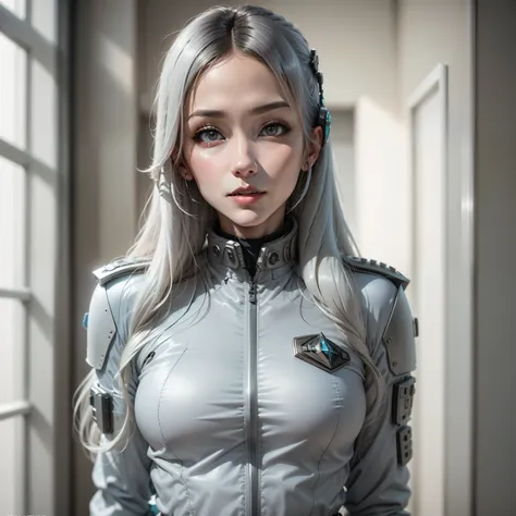 Mujer arafed con uniforme militar posando para una foto., retrato anime chica cadete espacial, Star Trek Asian Woman, cyborg - chica con cabello plateado, cosplay profesional, as supervisory character, cosplay realista, cosplay completo, crew member of a f...