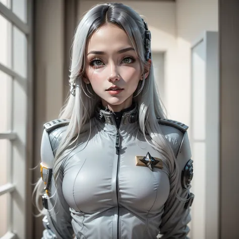 Mujer arafed con uniforme militar posando para una foto., retrato anime chica cadete espacial, Star Trek Asian Woman, cyborg - chica con cabello plateado, cosplay profesional, as supervisory character, cosplay realista, cosplay completo, crew member of a f...