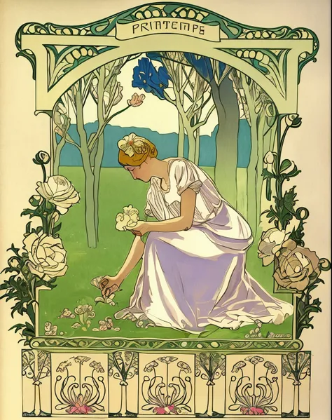 a painting of a woman kneeling down in a garden with flowers, by Eugène Grasset, art noveau painting, art nouveau illustration, eugene grasset, art nouveau painting, elegant art nouveau style, modern art noveau, ( art nouveau ), (art nouveau), art nouveau ...