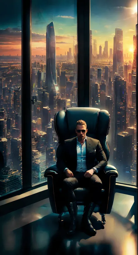 office in a skyscraper in a big city, male cyborg sits in a luxurious chair, Heavy men&#39;s boots, high quality, absurdity, masterpiece, Beautiful, complex parts, 1/2 body crops, slender body, Beautiful figure, Magnificent Anatomy, (complex parts:1.12), H...