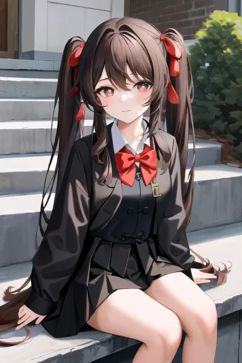 masterpiece, best quality,
1girl, hu tao (genshin impact), Sitting on the school steps, look to viewer,slight smile,twintails, brown hair, solo, symbol-shaped pupils, long hair,bangs, black shorts , Long black shirt, short red skirt,Red bow tie