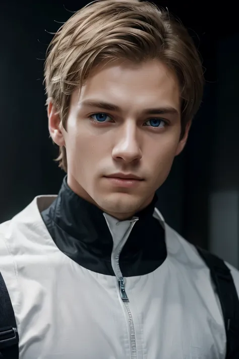 Detailed CG Unity 8K Wallpapers,masutepiece, Best Quality, Ultra-detailed, white background, a beautiful 25-year-old man with short dark-blond hair, short hair, blue eyes and pale skin, masculine posture