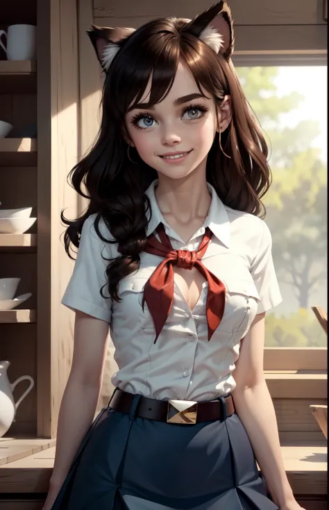 very young slim fit girl, at full height, rounded face, very long disheveled dark brown hair, big brown eyes, shy smile, perfect flat breast, band on head with fake cat ears, parororo, pioneer neckerchief, blue thight microskirt, bangs, shirt, collarbone, ...