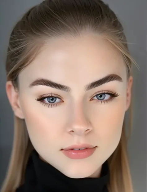 Un primer plano de una mujer con un pecho grande, black eyes and white swimsuit, pale skin suave natural, pale skin, suave e impecable, cejas rectas naturales, cejas relajadas, perfect face model, realistic model