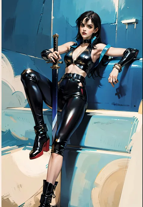 A beautiful woman with long shiny black hair, choppy bangs, a delicate face, a cold proud gaze, a fit figure, a fantasy-style high-necked leather breastplate top, sleeveless, exposes her waist, a bracelet adorns her wrist, tight-fitting leather pants, her ...