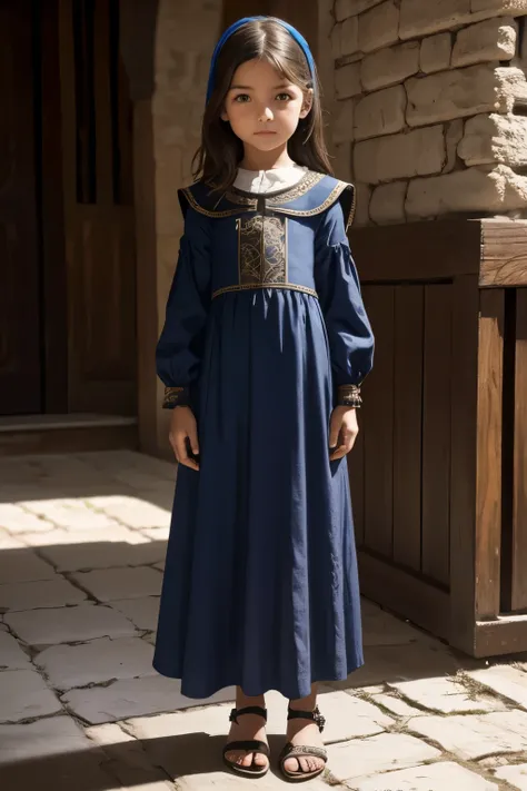 9 year old medieval girl, ropa pobre, Edad Media, vestido hasta los tobillos, sandalias marrones, full body, pelo suelto