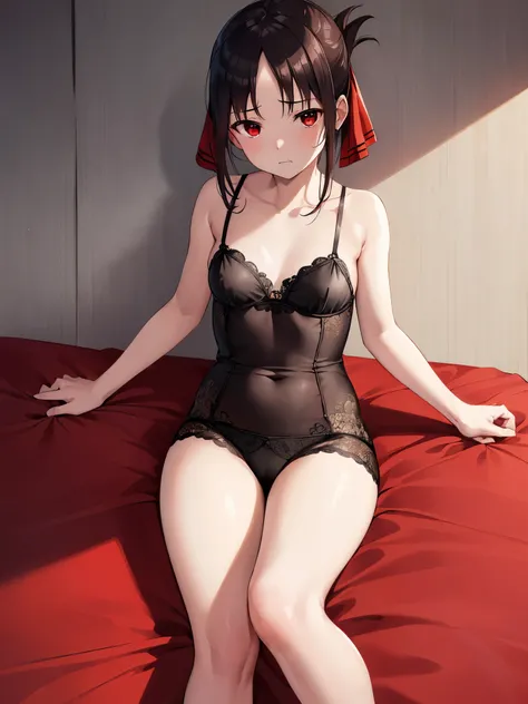 one girl、kaguyashinomiya, kaguya shinomiya, folded ponytail, amount, hair ribbon, (red eyes:1.5), red ribbon, ribbon, short hair, side lock, (small breasts:1.2), break looking at viewer, break indoors, classroom, break (masterpiece:1.2), highest quality, H...