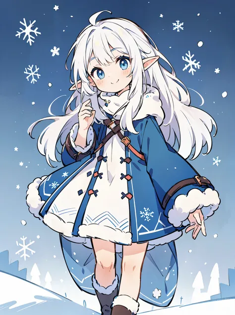 1elf girl, solo, (white hair, Deep Blue Eyes:1.2), light smile, fur trim winter dress coat, fur-trimmed sleeves, long sleeves, fantasia winter background, snowflakes, cute, simplistic, flat design, anime