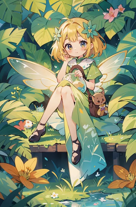 Flower fairy, ((female youth)), a (girl) fairy sitting inside a (flower bud), cute, golden hair, masterpiece, transparent wings, dew on leaves, fantasy clothing