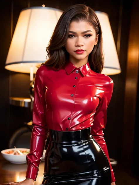 beautiful woman (zendaya),latex blouse,spits on blouse,detailed eyes and face,ultra-detailed hair,attractive appearance,confiden...