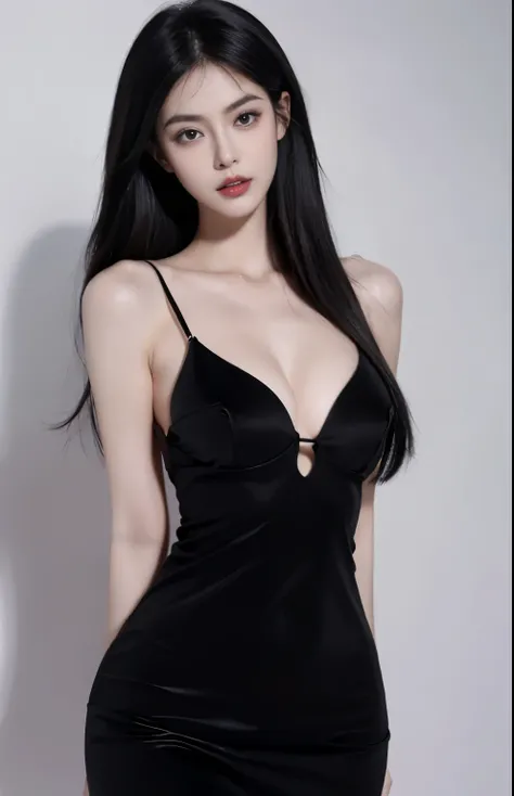 （lifelike,high resolution：1.3）， A slim girl， The face shape and eyes are super delicate,(black hair),red glossy lips,(beautiful face), (best quality), (Super detailed), (Extremely detailed CG unified 8K wallpaper),((Black sexy evening wear)),(White backgro...