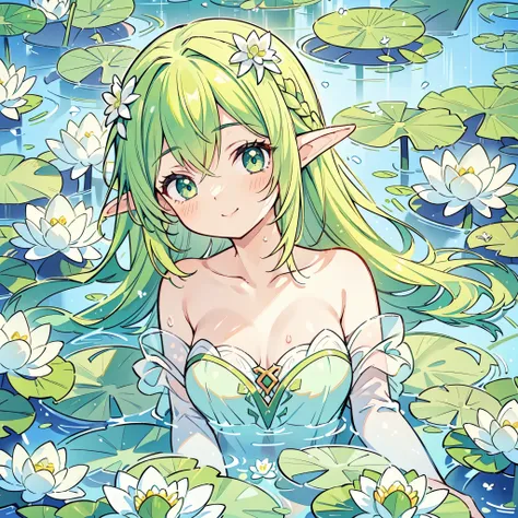 (high angle), ((close-up portrait of young solo elf woman with green hair)), lying in water, body submerged in water, shallow wa...