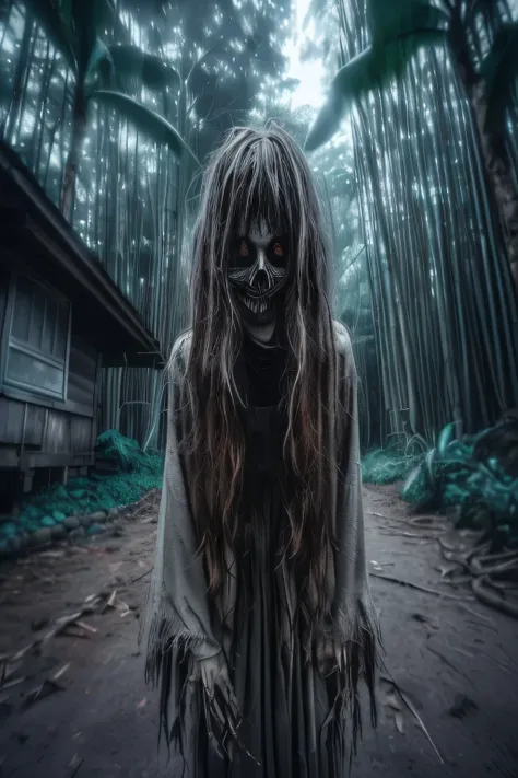 arafed woman in a creepy costume standing in a forest, horror photography, scary look, scary picture, eerie person, scary photo,...