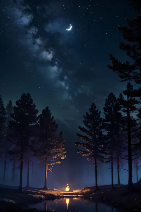 (best quality,4k,8k,highres,masterpiece:1.2),ultra-detailed,(realistic,photorealistic,photo-realistic:1.37),mysterious midnight,moonlit night,glowing stars,serene atmosphere,dark night sky,glimmering moon,calm and peaceful scene,whispering trees,tranquil g...