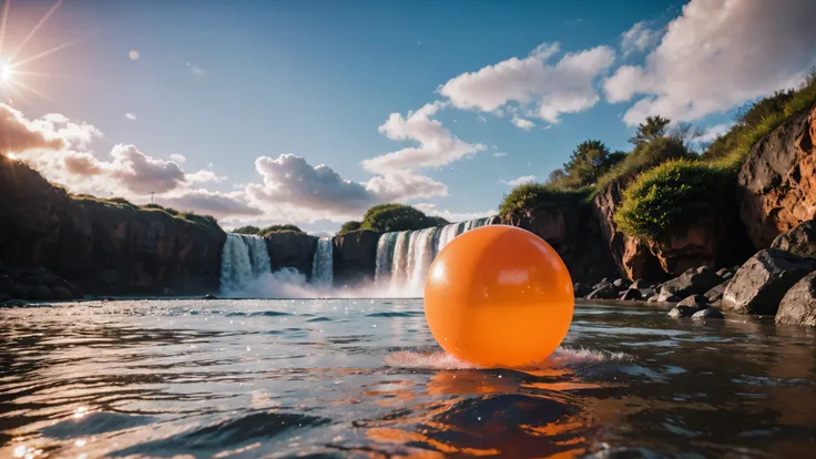 orange rubber balls wet in water droplets lie on clouds ,a tunnel of clouds and orange rubber balls lie along it,hyperdetalization of rubber balls,water splashes,blue sky,the suns rays shine brightly,soft and delicate color,soft lighting,8k,enhanced detail...