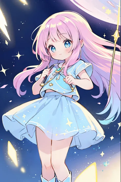 ((magical little girl)), ((Gorgeous starry sky background)), ((Ultra-detailed)), ((Best Illustration)), ((Cinematic lighting)), Dynamic Angle, Floating, finely detailed, (glitters:1.2), (Sparkle:1.2), (Shine:1.2), classic, (Painting:1.1), (Sketch:1.1), (Be...