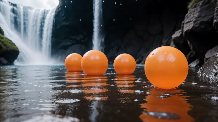 orange rubber balls wet in water droplets lie on clouds ,a tunnel of clouds and orange rubber balls lie along it,hyperdetalization of rubber balls,water splashes,blue sky,the suns rays shine brightly,soft and delicate color,soft lighting,8k,enhanced detail...