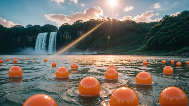 orange rubber balls wet in water droplets lie on clouds ,a tunnel of clouds and orange rubber balls lie along it,hyperdetalization of rubber balls,water splashes,blue sky,the suns rays shine brightly,soft and delicate color,soft lighting,8k,enhanced detail...