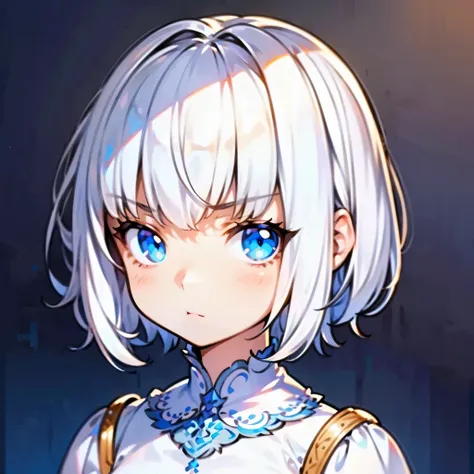 1littlegirl, short messy white hair, blue eyes, short stature, kid, white ball gown dress, serious face, ((best quality)), ((masterpiece)), portrait, looking at the camera, from the front, simple background, ((detailed)), ((perfect anatomy)), ((detailed ar...