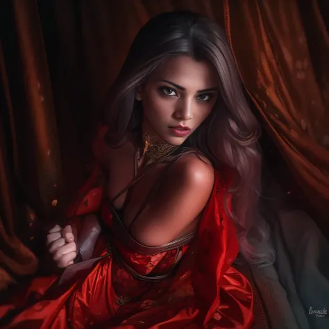 beautiful woman,long red satin dress,translucent,vey long,red,beautiful detailed eyes,beautiful detailed lips,extremely detailed eyes and face,longeyelashes,bondage,sexual,erotic,provocative,submissive,alluring,dominant,dark background,studio lighting,hair...