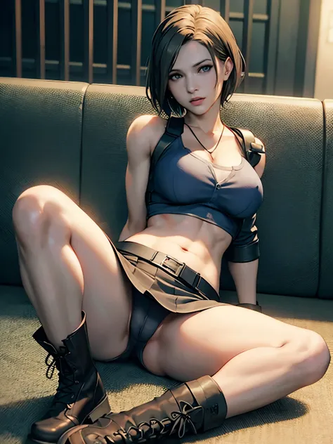 jill valentine,resident evil 3,3d,pose,areolae,blue eyes,boots,breasts,breasts outside,brown hair,busty,female,female focus,hourglass figure,medium breasts,nipples,nudity,panties,pinup,posing,ripped clothing,seductive,seductive look,seductive smile,short h...