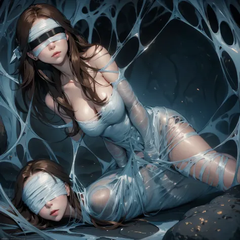 1girl,Spider weaves a net on a girl, very realistic, very detailed,bed,stretched, dark cave, struggle in the net,brown haired, very long sheer skirt,lying down,(blindfold:1.4),(ballgag:1.4)