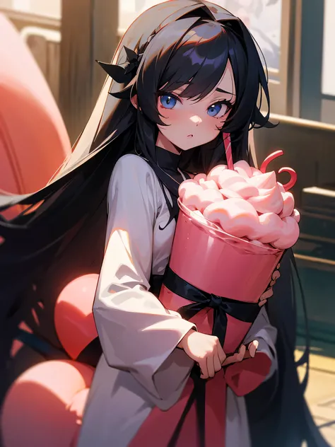 Make a 4k image in anime style, make a 2D girl with long long hair, com a cor do cabelo rosa claro, com os olhos azuis, with a black bow in her hair, segurando um milkshake de morango, com uma roupa fofa, em um lugar lindo 