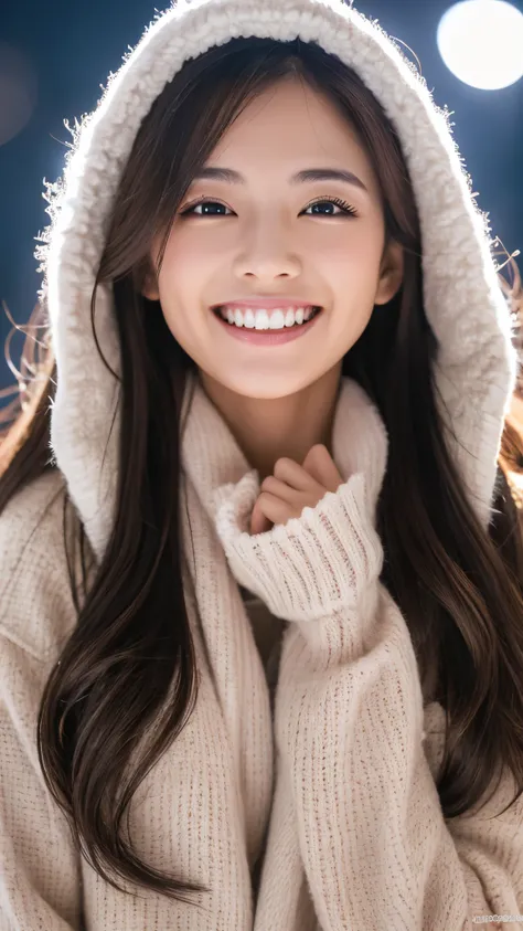 highest resolution, 4k, masterpiece: 1.3), japanese mature, photo of a woman, sexy: 1.1, fine eyes, slender body shape, realistic teeth, double eyelid, smile, whole body, highest quality, be familiar with, beauty, night, illumination, winter