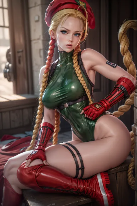 cammy white, twin braids, long hair, blonde hair, antenna hair, beret, (red headwear:1.3), Cammy1,blue eyes, scar on cheek, large breasts, green leotard, sleeveless, red gloves, fingerless gloves,