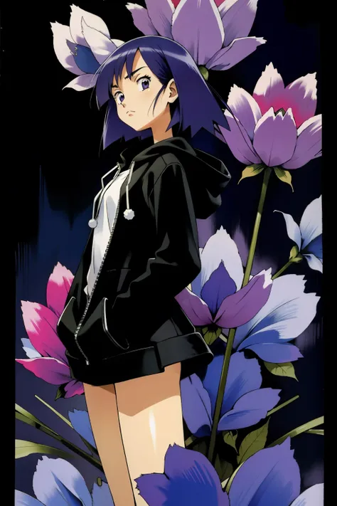 by Ken Sugimori, sugimori 1990s, ((only 1woman)), black hoody, hood pulled up, sad, depressed, hood over head, mini skirt, short purple hair, red flowers in the background ((hands behind their back)), full black pupils, manga, best quality, highly detailed...