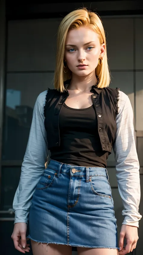 best quality, sophie turner, hight resolution, and18, 1girl in, android 18, solo, blonde hair, blue eyes, short hair, earrings, ...