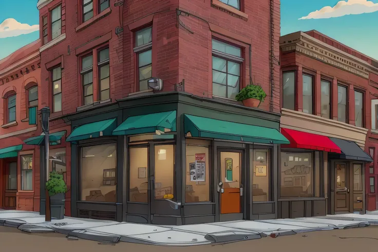 cartoon, small restaurant downtown, corner street, alley, dumpster, early morning, highest quality, masterpiece, 8k uhd