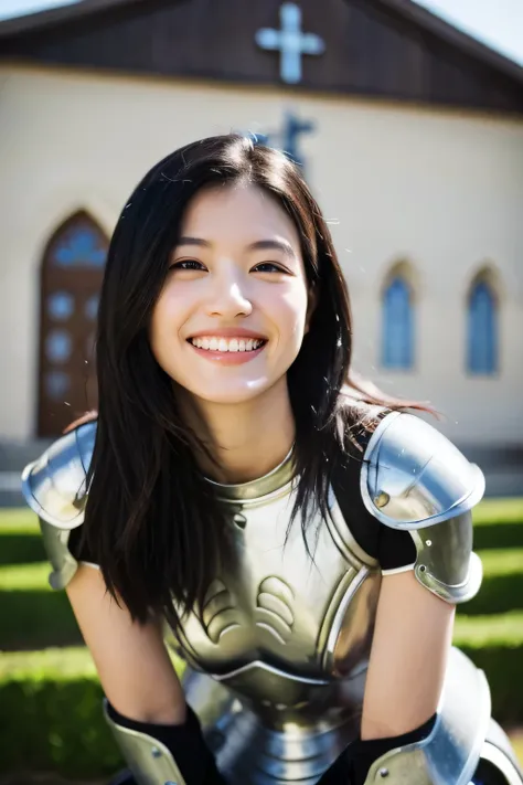 ((highest quality)), ((masterpiece)), (be familiar with), perfect face、A neat and beautiful woman wearing armor、black hair、smile、beautiful teeth、The background is a church、