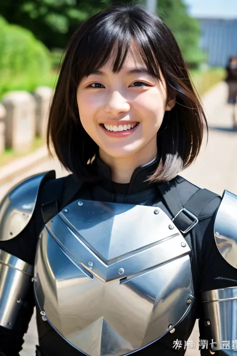 ((highest quality)), ((masterpiece)), (be familiar with), perfect face、A neat and beautiful woman wearing armor、black hair、smile、beautiful teeth、The background is a church、