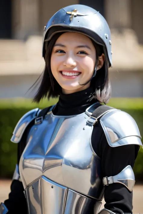 ((highest quality)), ((masterpiece)), (be familiar with), perfect face、A neat and beautiful woman wearing armor、black hair、smile、beautiful teeth、The background is a church、fierce々wearing a new helmet