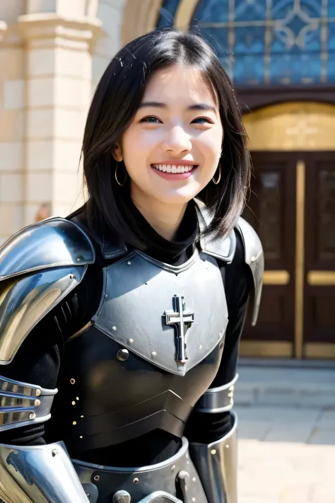 ((highest quality)), ((masterpiece)), (be familiar with), perfect face、A neat and beautiful woman wearing armor、black hair、ear piercing、smile、beautiful teeth、The background is a church